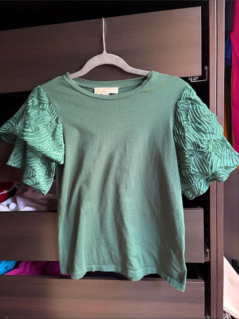 Michael Kors Emerald Green Short Sleeve Tee with Ruffle Sleeves